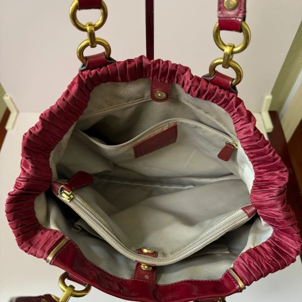 Coach Ashley Gathered Twist Satin Satchel Burgundy Patent Leather Bag F20050